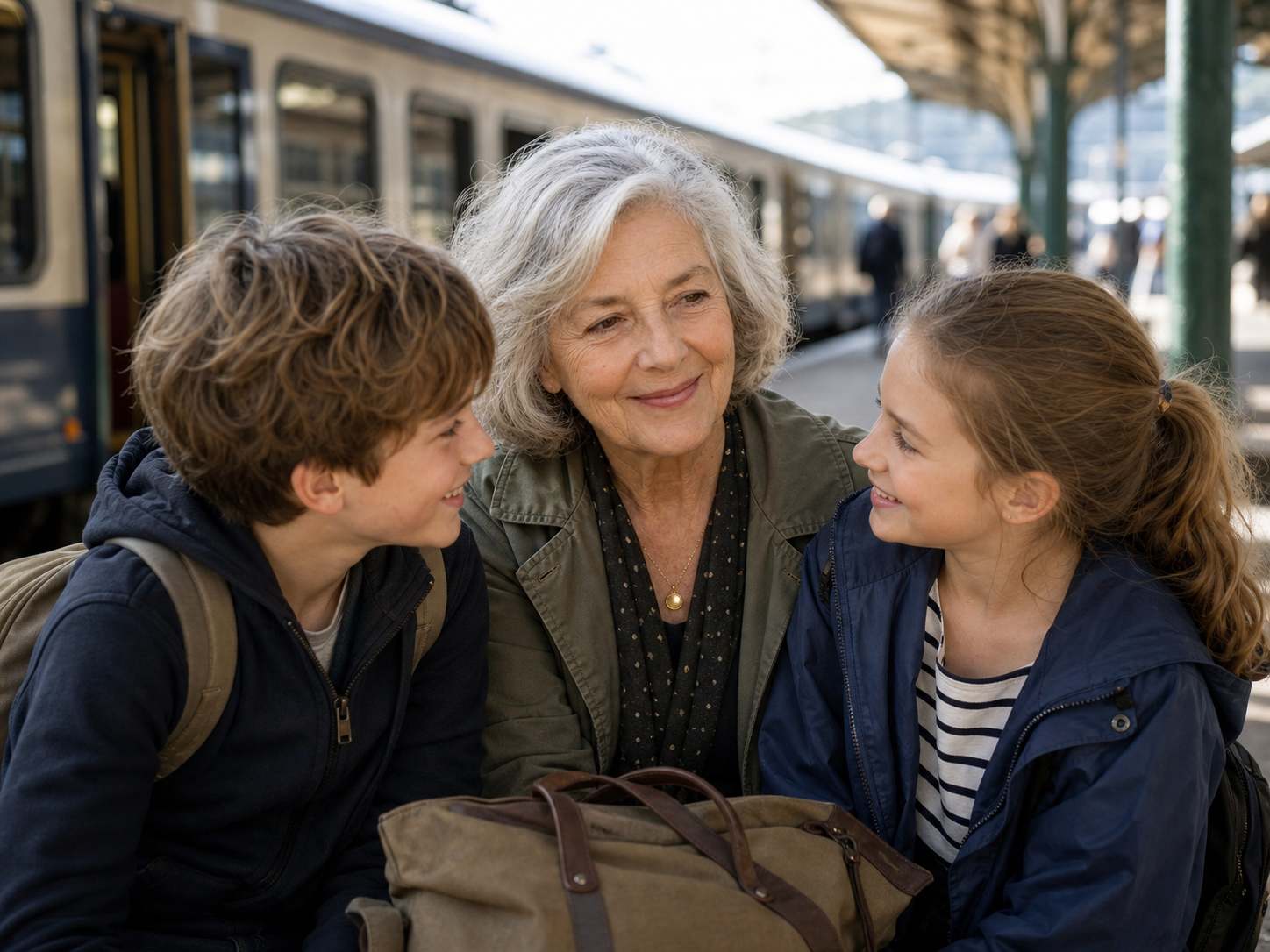 Fictieve familiefoto van Mara op reis met haar kleinkinderen
